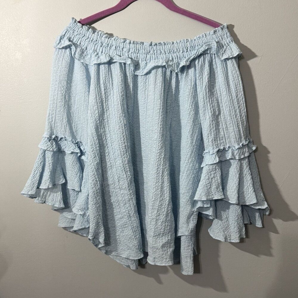 Sara Campbell M Blue Cotton Gauze Off Shoulder Ruffle Bell Sleeve Boho Blouse